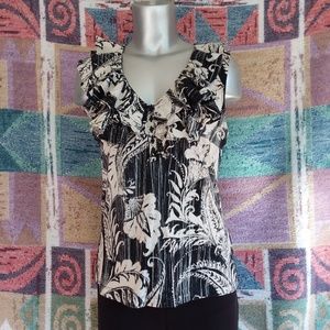 Black & Cream Ruffled Neck Sleeveless Top